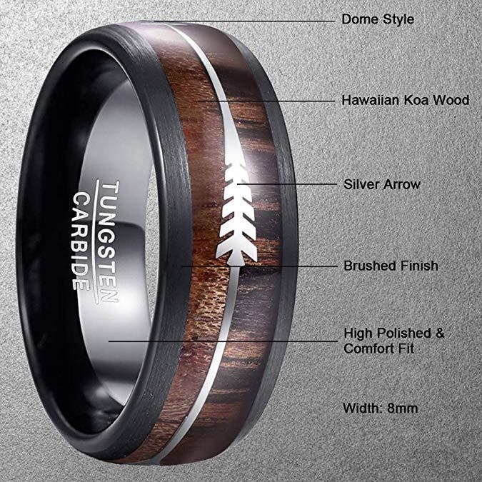 Tungsten ring 8mm inlaid wood, silver arrow.