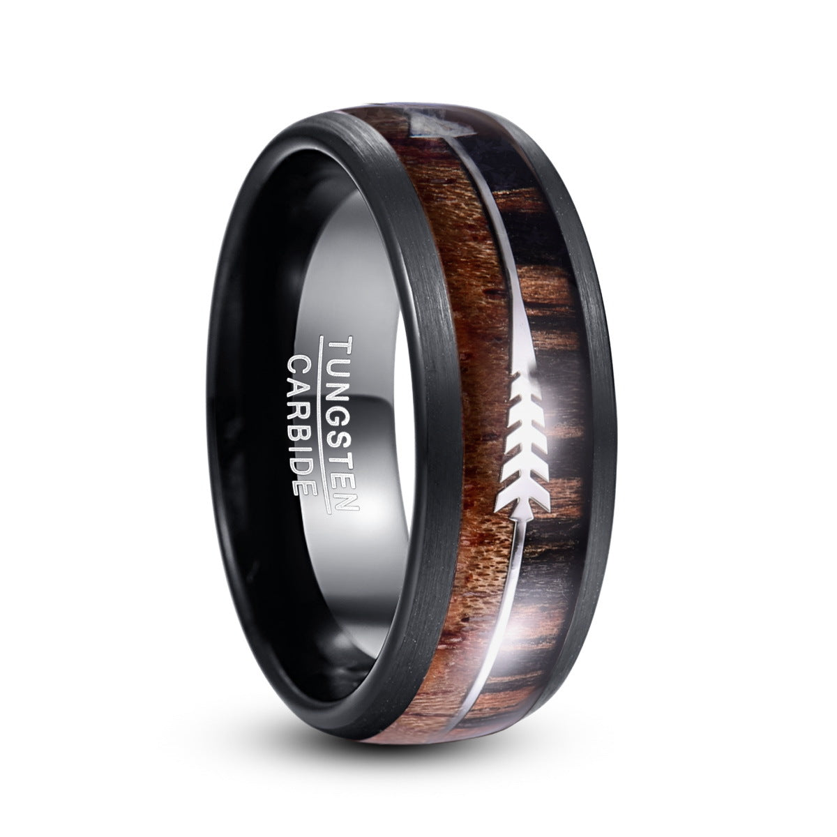 Tungsten ring 8mm inlaid wood, silver arrow.