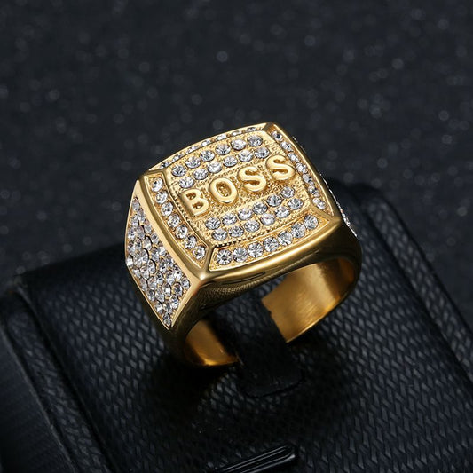 Men's square BOSS logo ring, titanium steel, studded with stones.