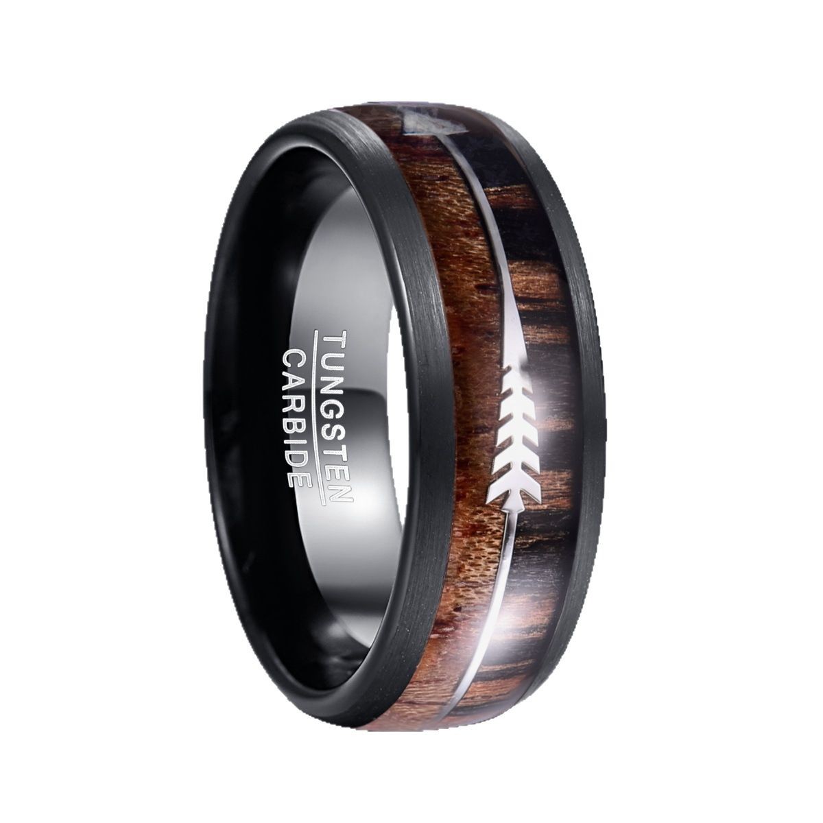 Tungsten ring 8mm inlaid wood, silver arrow.