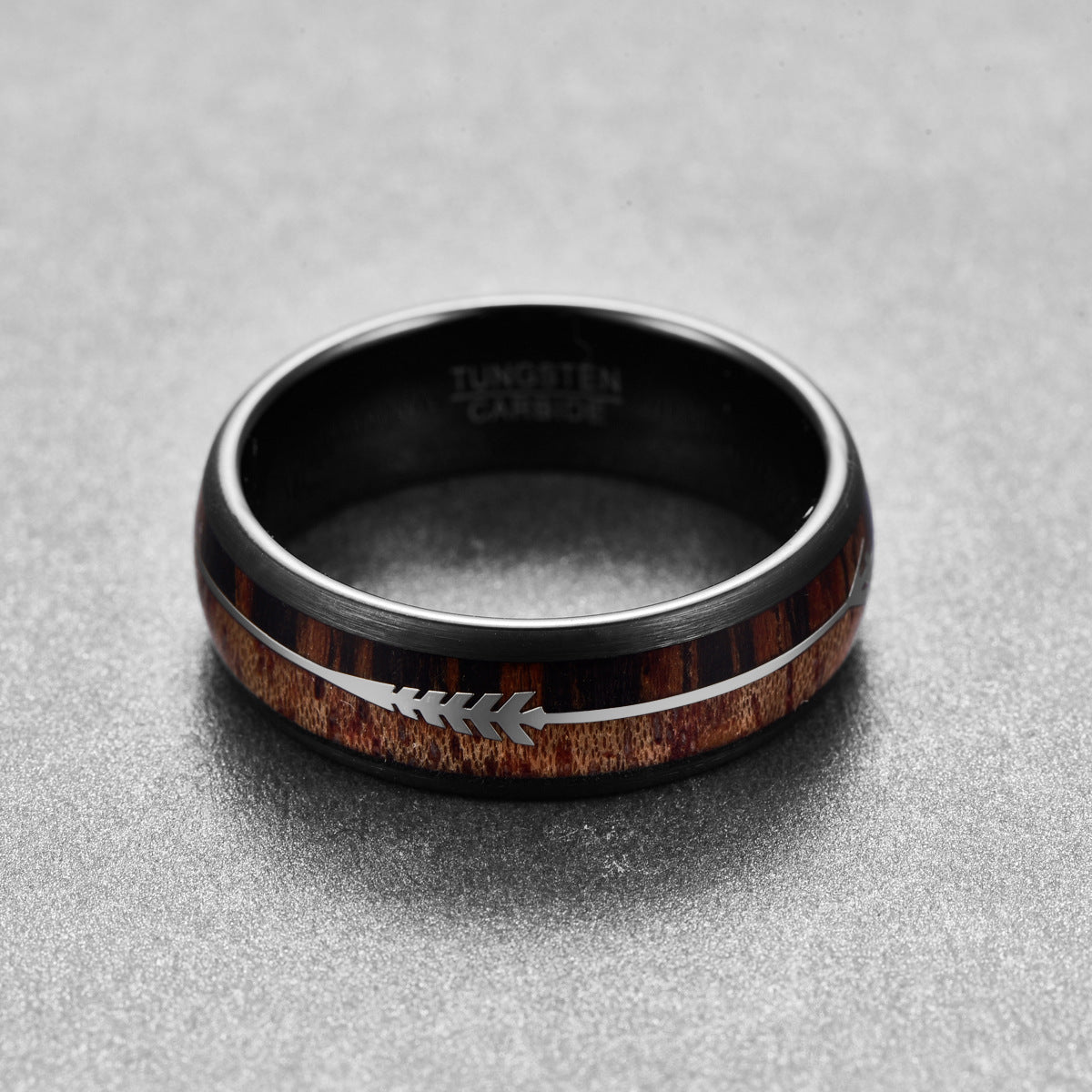Tungsten ring 8mm inlaid wood, silver arrow.