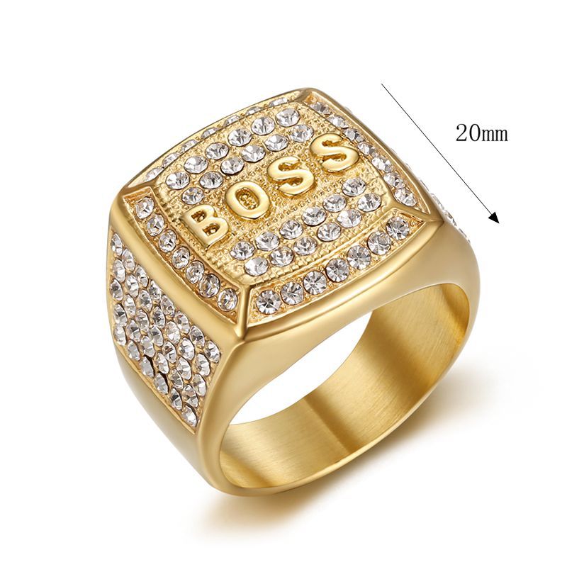 Men's square BOSS logo ring, titanium steel, studded with stones.