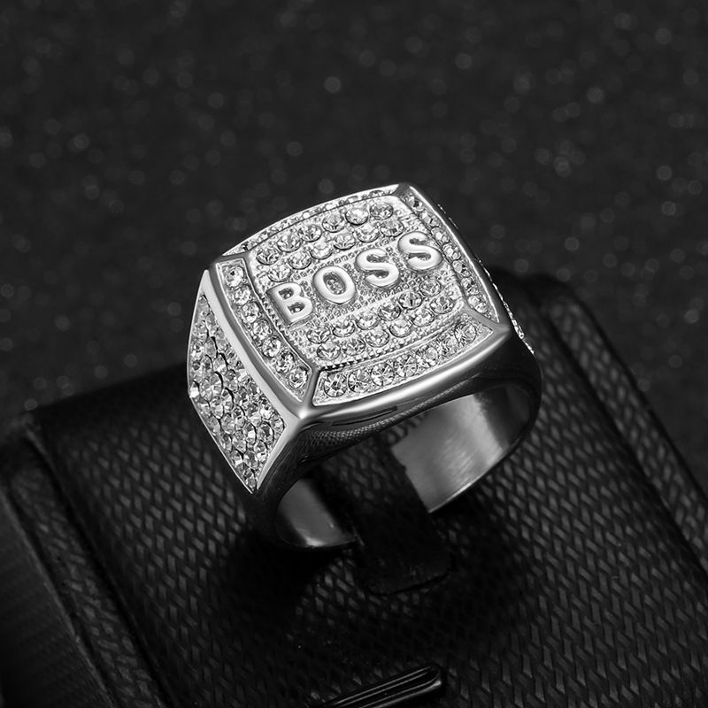 Men's square BOSS logo ring, titanium steel, studded with stones.