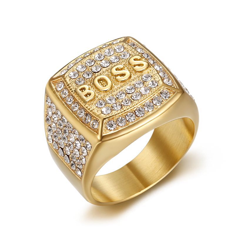 Men's square BOSS logo ring, titanium steel, studded with stones.