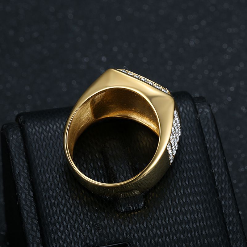 Men's square BOSS logo ring, titanium steel, studded with stones.