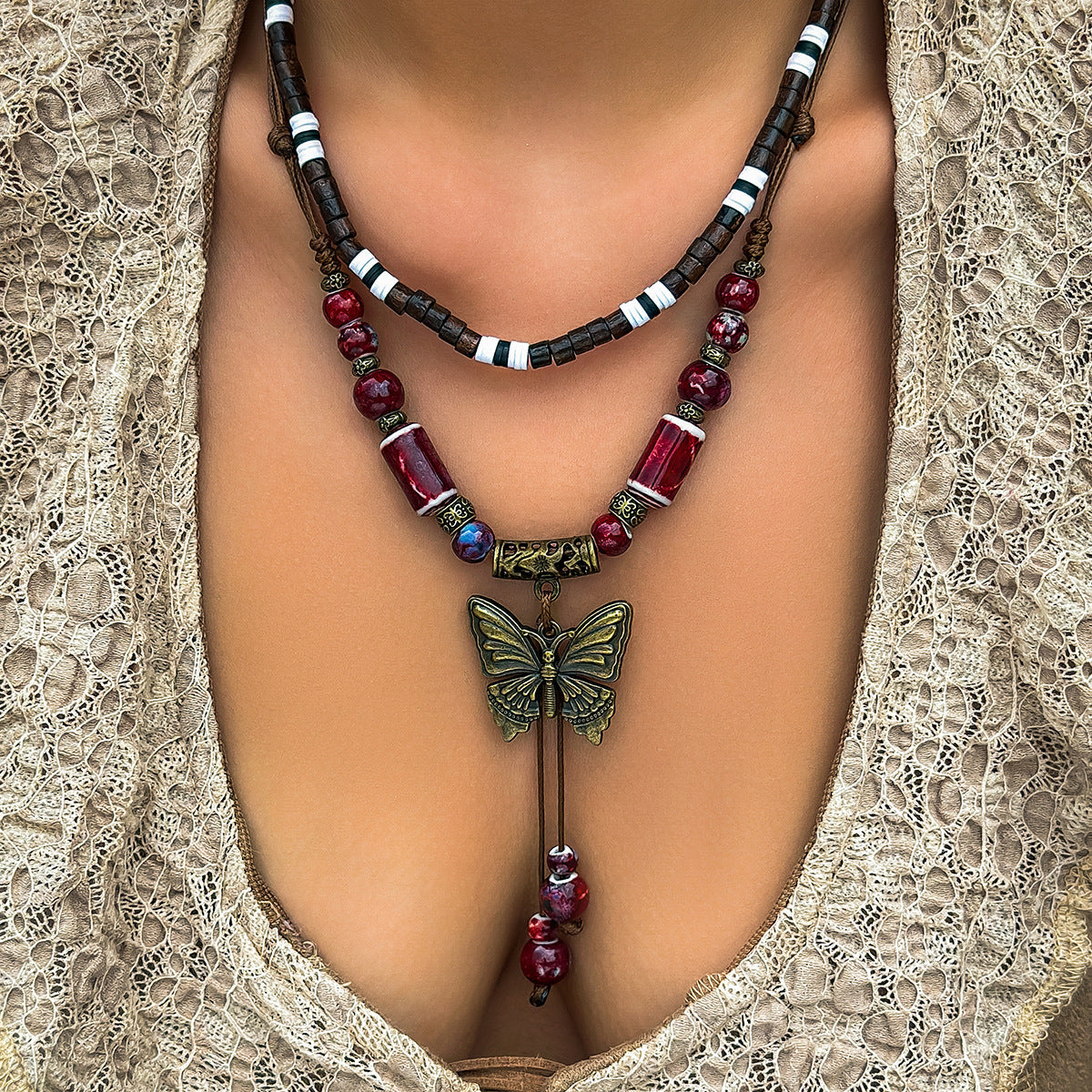 Women's Butterfly Wooden Bead Vintage Necklace
