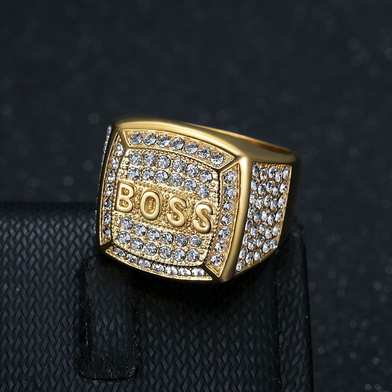 Men's square BOSS logo ring, titanium steel, studded with stones.