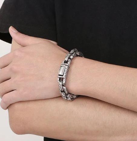 Men's bracelet made of silver-plated titanium steel, 12.5mm thick, Hip Hop style.